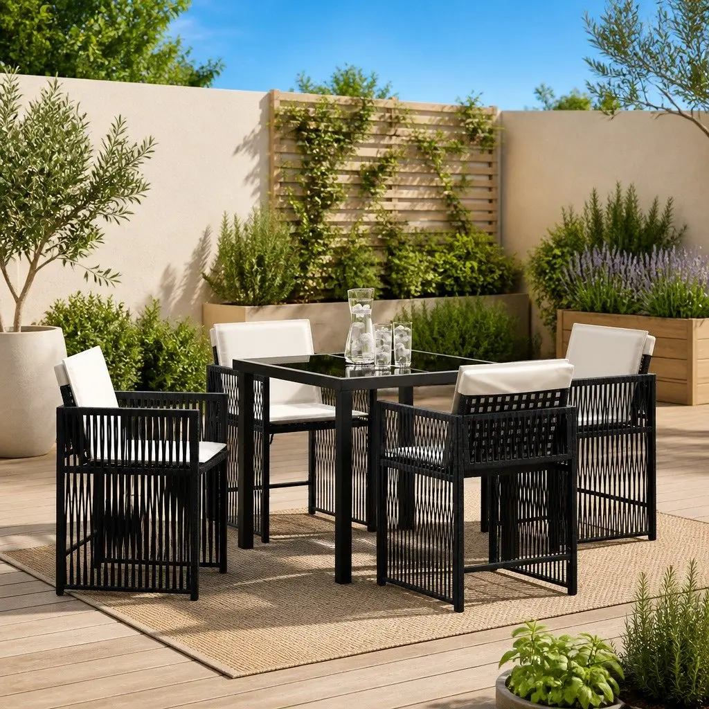 Black Poly Rattan 5-Piece Garden Dining Set