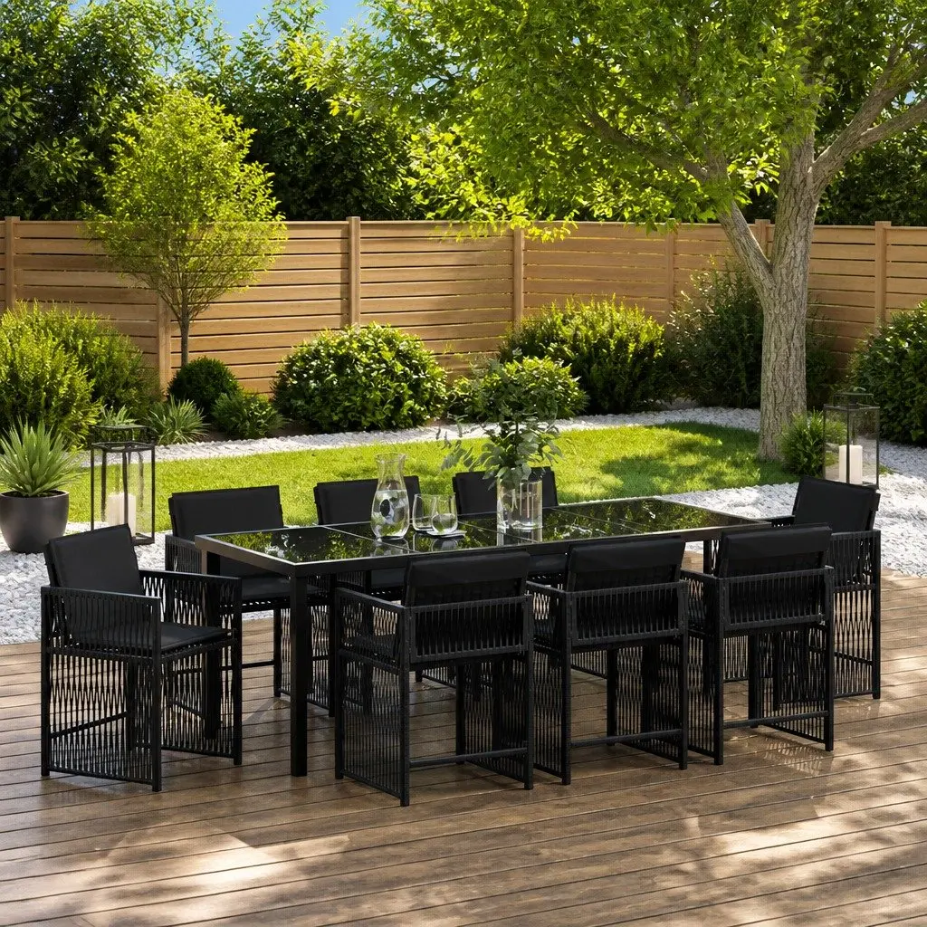 9-Piece Black Poly Rattan Garden Dining Set