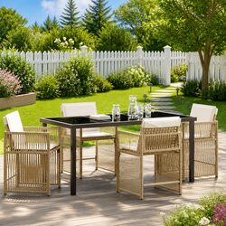 5-Piece Beige Poly Rattan Outdoor Dining Set