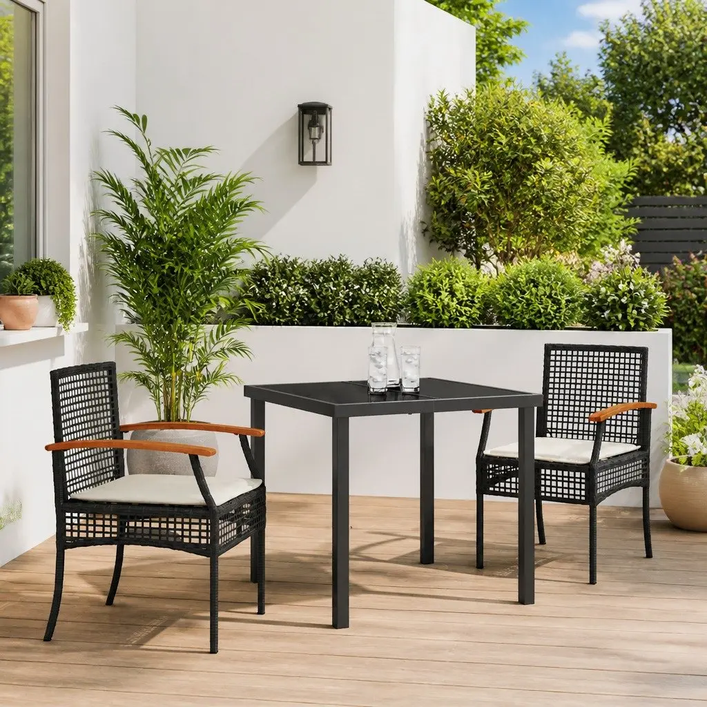 Garden Dining Set Glass Table Black Rattan Chairs 3 Pieces