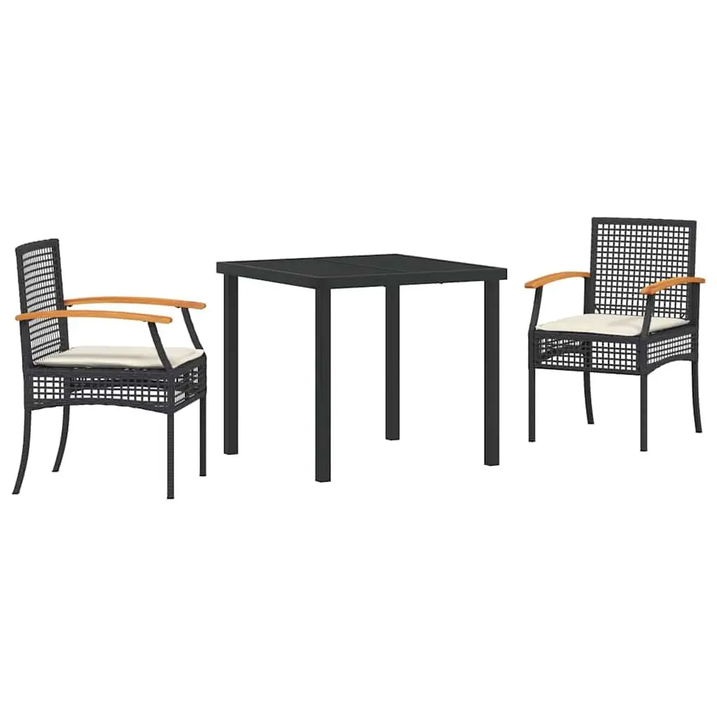 Garden Dining Set Glass Table Black Rattan Chairs 3 Pieces