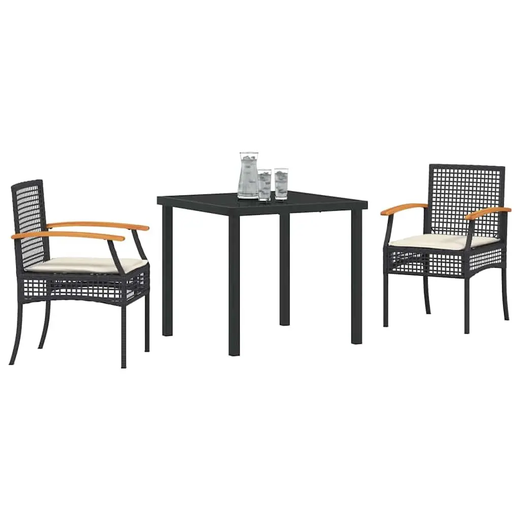 Garden Dining Set Glass Table Black Rattan Chairs 3 Pieces