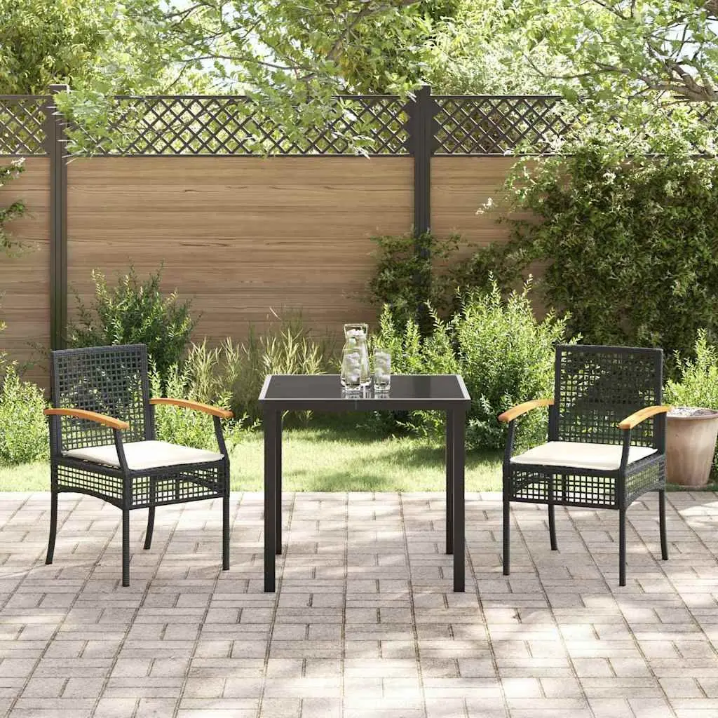 Garden Dining Set Glass Table Black Rattan Chairs 3 Pieces