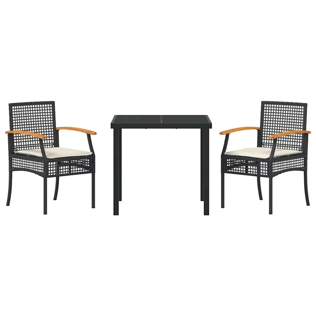 Garden Dining Set Glass Table Black Rattan Chairs 3 Pieces