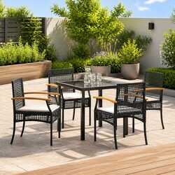 Black Rattan 5-Piece Garden Dining Set with Glass Table