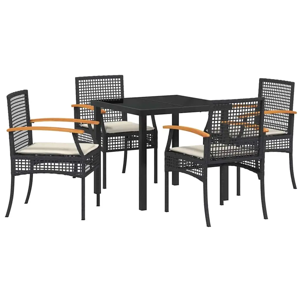 Black Rattan 5-Piece Garden Dining Set with Glass Table