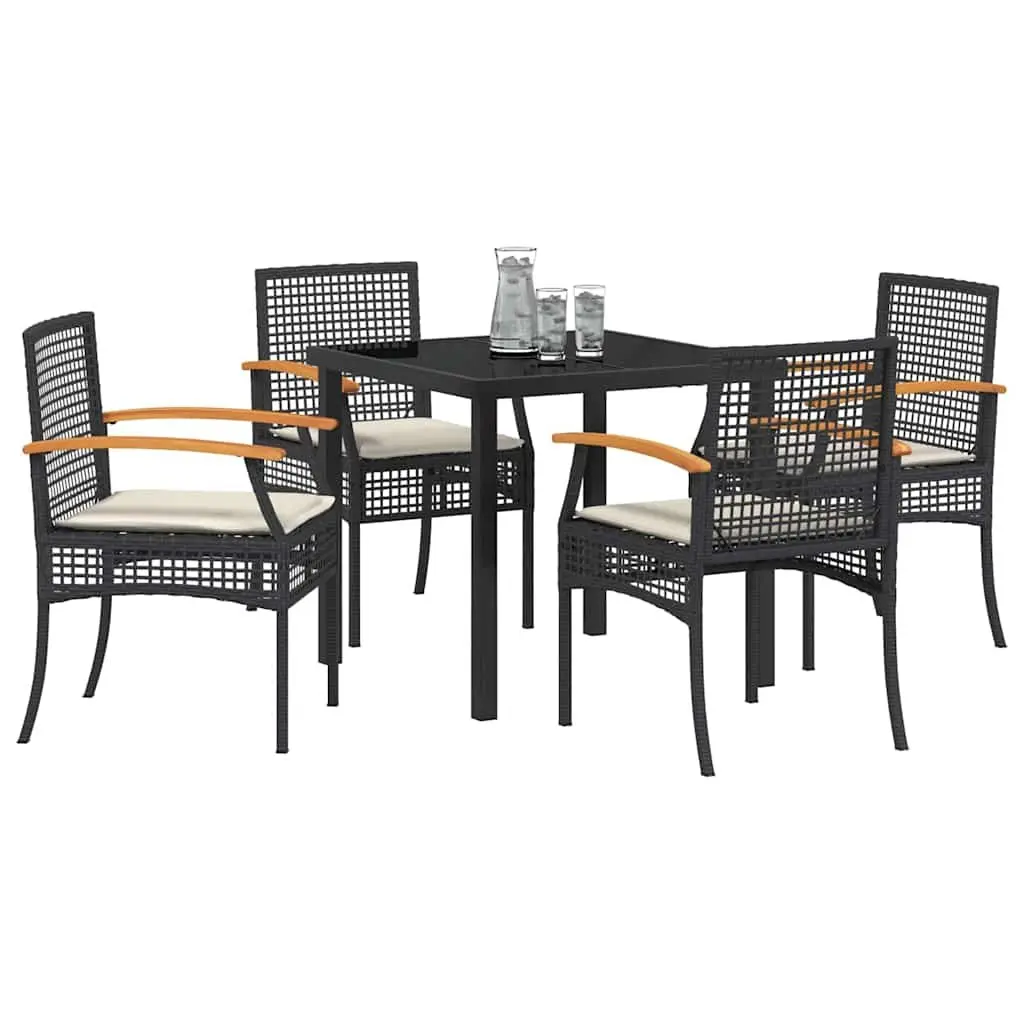 Black Rattan 5-Piece Garden Dining Set with Glass Table