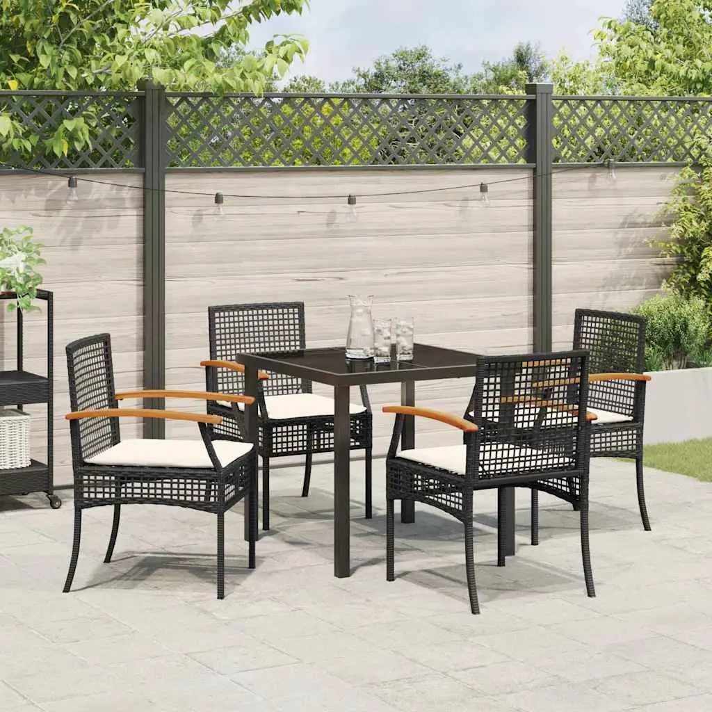 Black Rattan 5-Piece Garden Dining Set with Glass Table