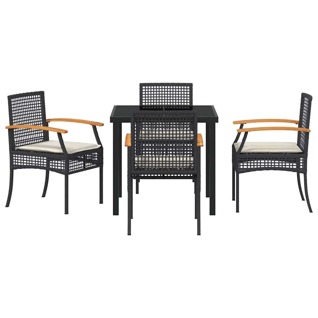 Black Rattan 5-Piece Garden Dining Set with Glass Table