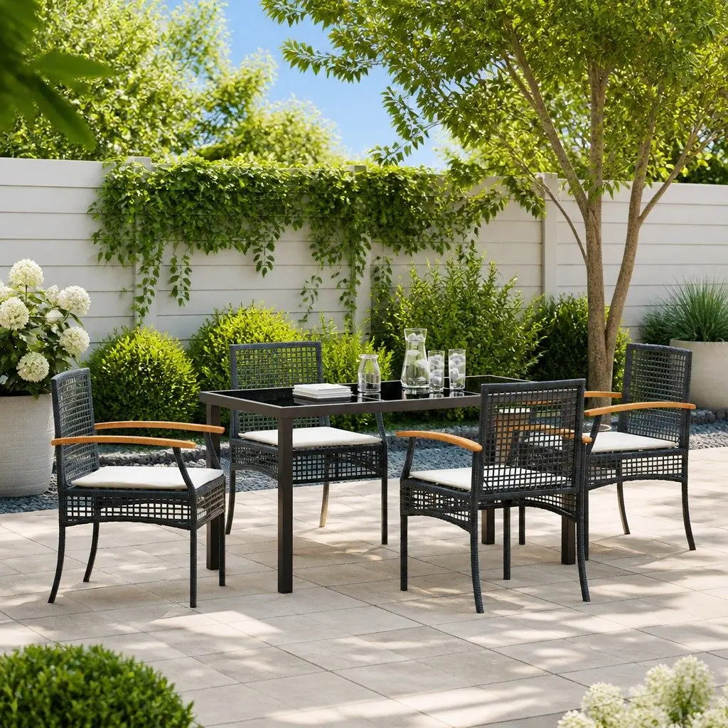 Black Rattan Garden Dining Set with Glass Table