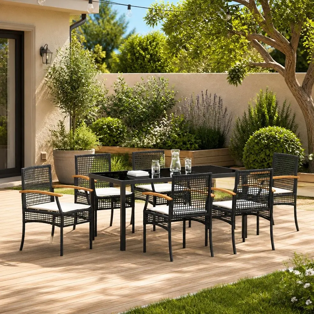 Outdoor Dining Set Poly Rattan Acacia Wood Steel 7 Piece Black
