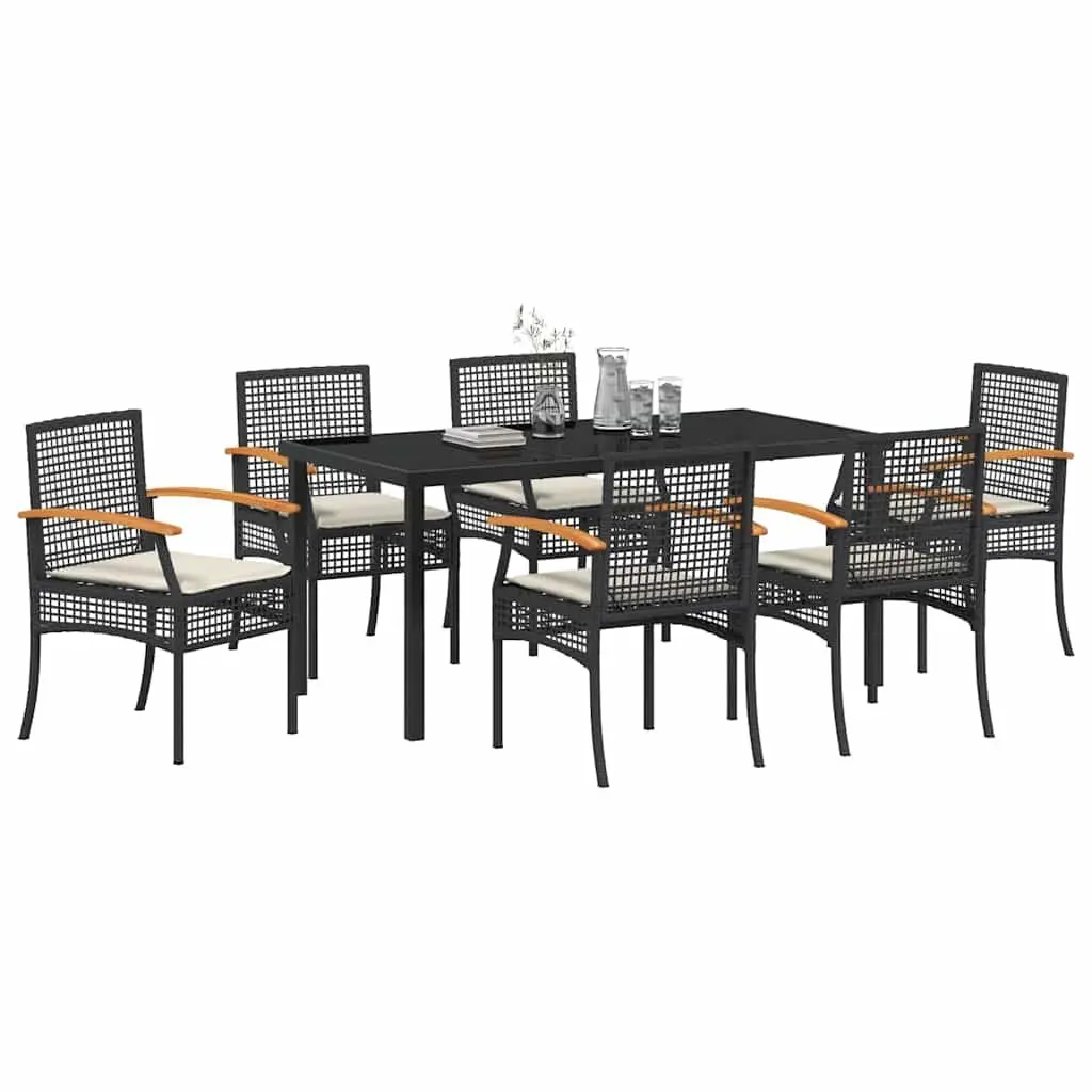 Outdoor Dining Set Poly Rattan Acacia Wood Steel 7 Piece Black