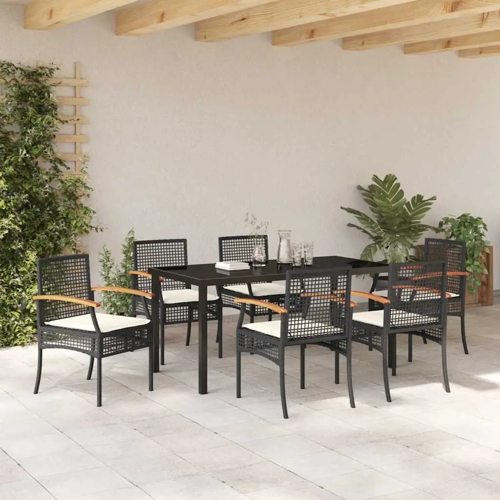 Outdoor Dining Set Poly Rattan Acacia Wood Steel 7 Piece Black