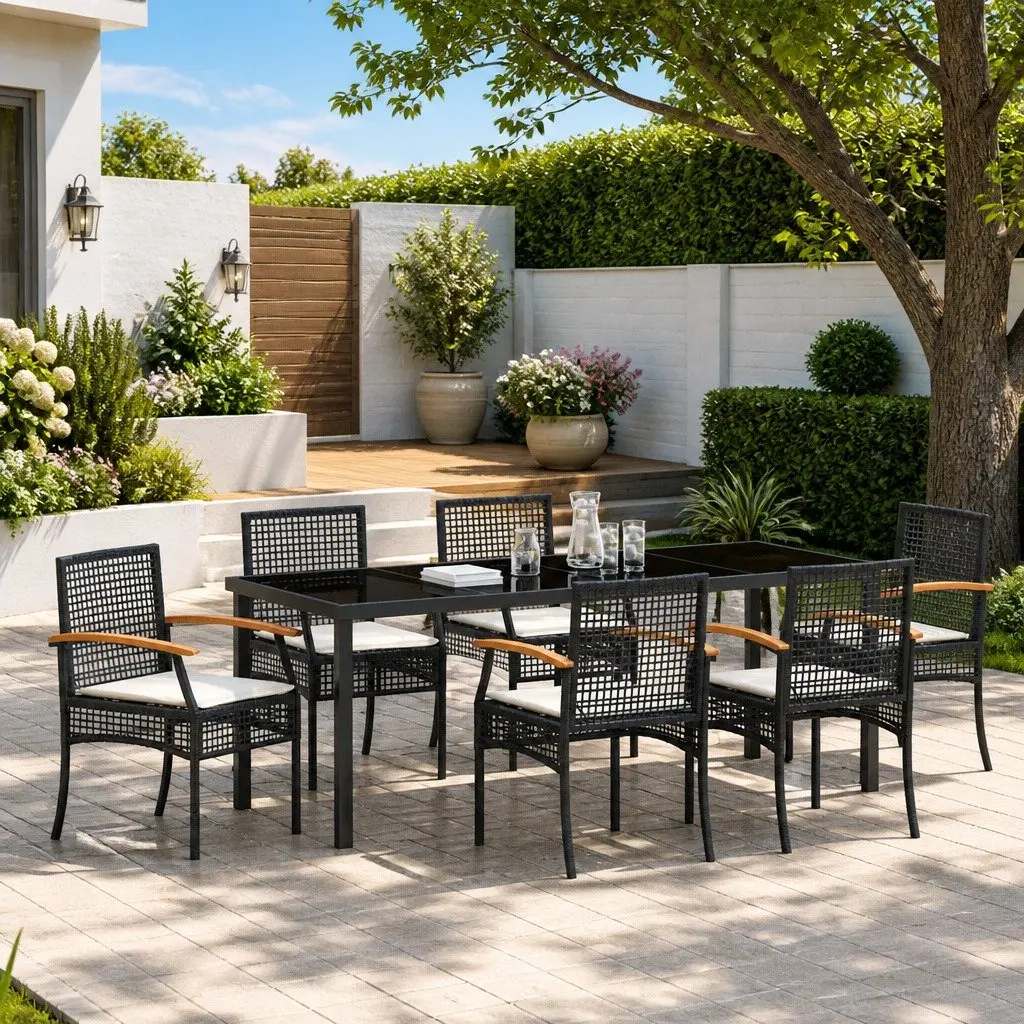 7-Piece Garden Dining Set with Black Glass Top