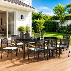 Premium 9-Piece Garden Dining Set with Black Rattan Chairs