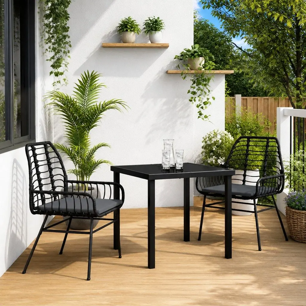 Outdoor Dining Set Poly Rattan 3 Piece Black Glass Table