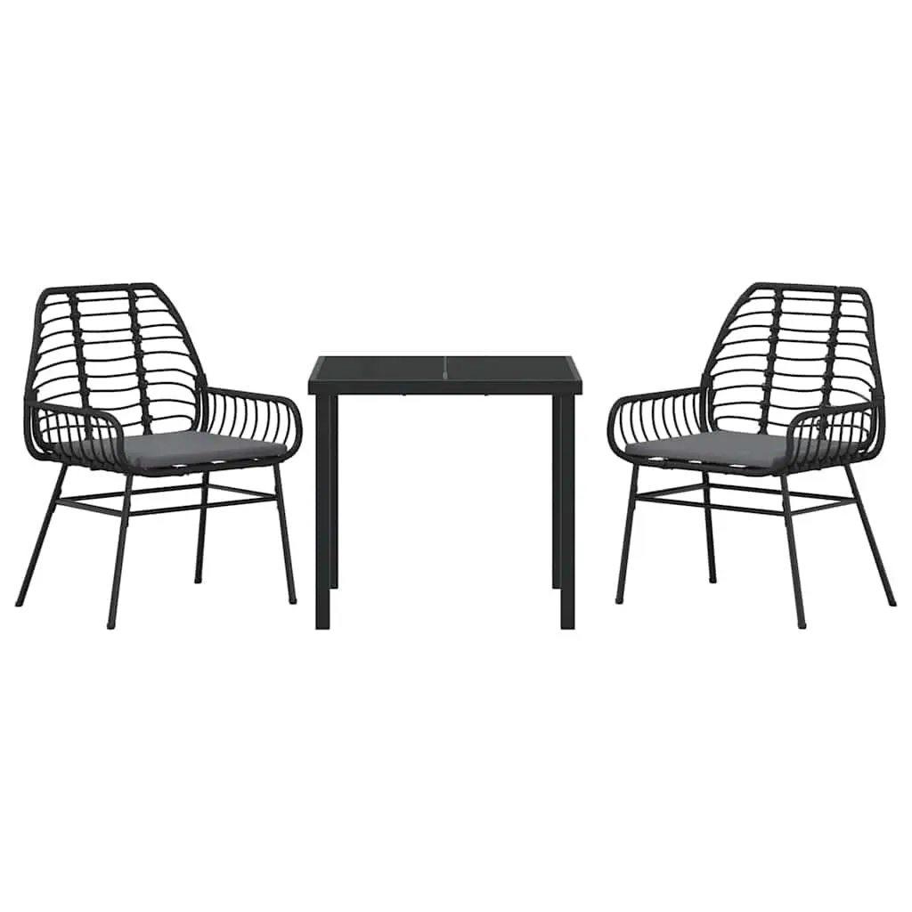 Outdoor Dining Set Poly Rattan 3 Piece Black Glass Table