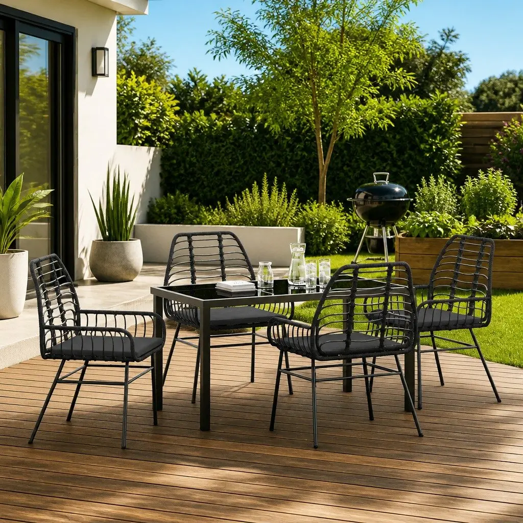 5-Piece Garden Dining Set Black Poly Rattan