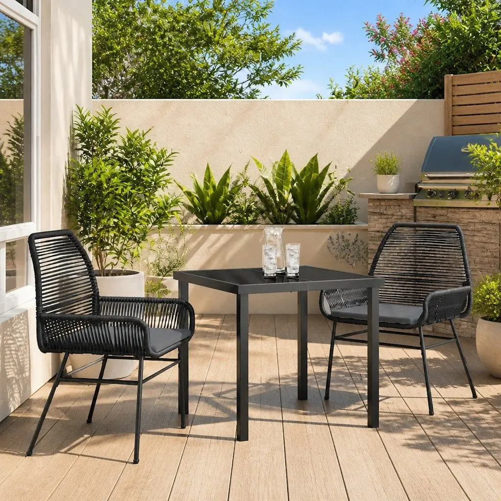 Outdoor Dining Set Poly Rattan 3 Pieces Black Tempered Glass Table Chairs