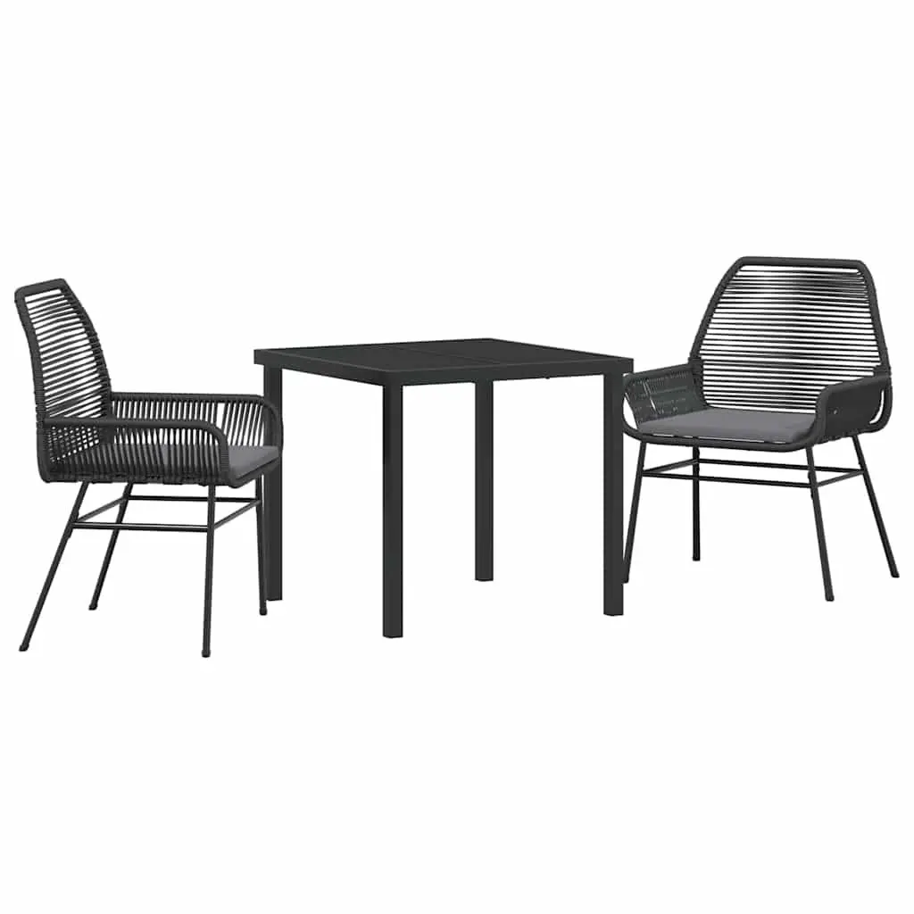 Outdoor Dining Set Poly Rattan 3 Pieces Black Tempered Glass Table Chairs