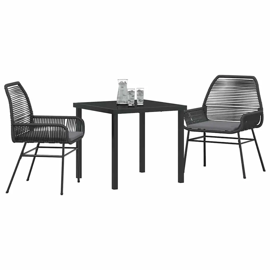 Outdoor Dining Set Poly Rattan 3 Pieces Black Tempered Glass Table Chairs