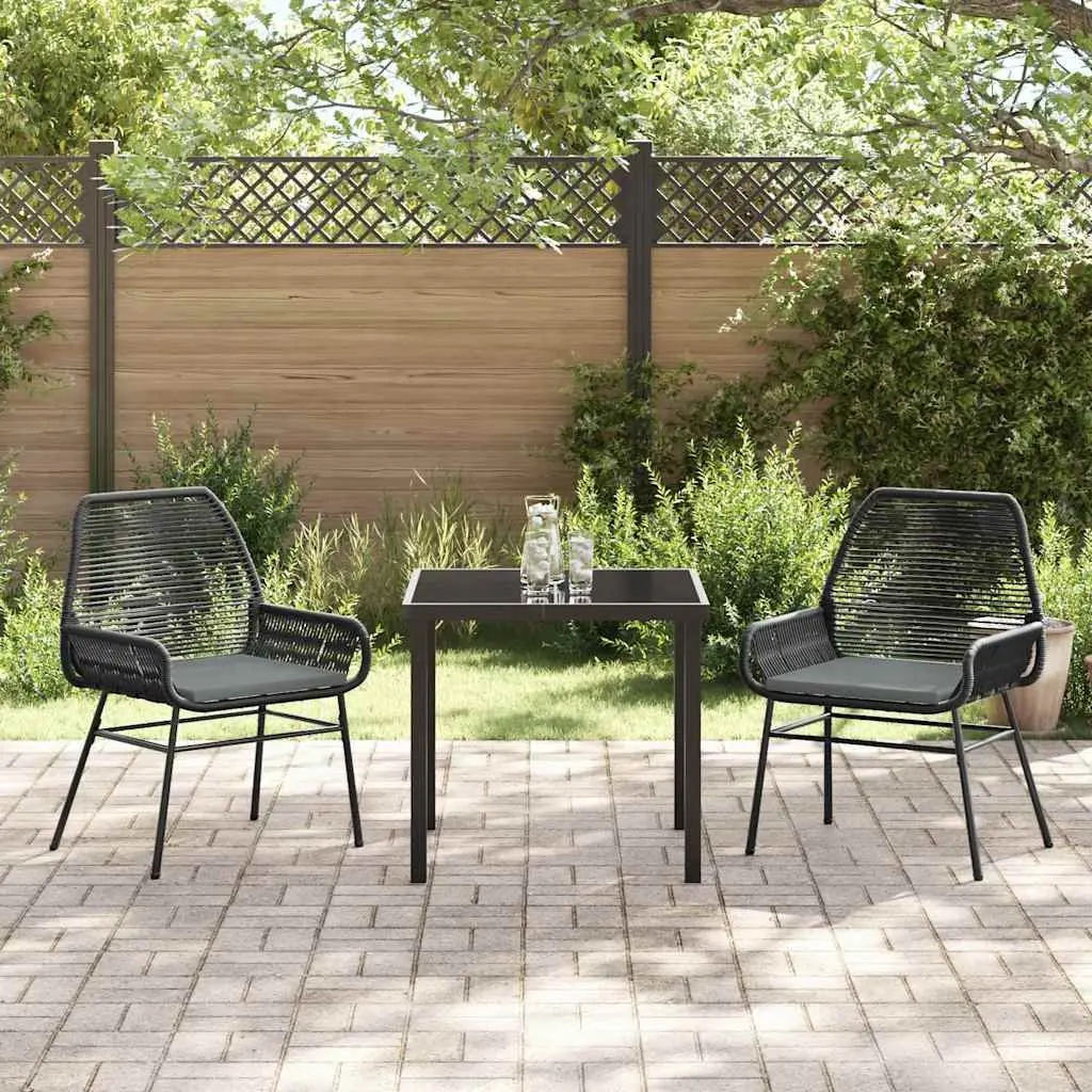 Outdoor Dining Set Poly Rattan 3 Pieces Black Tempered Glass Table Chairs