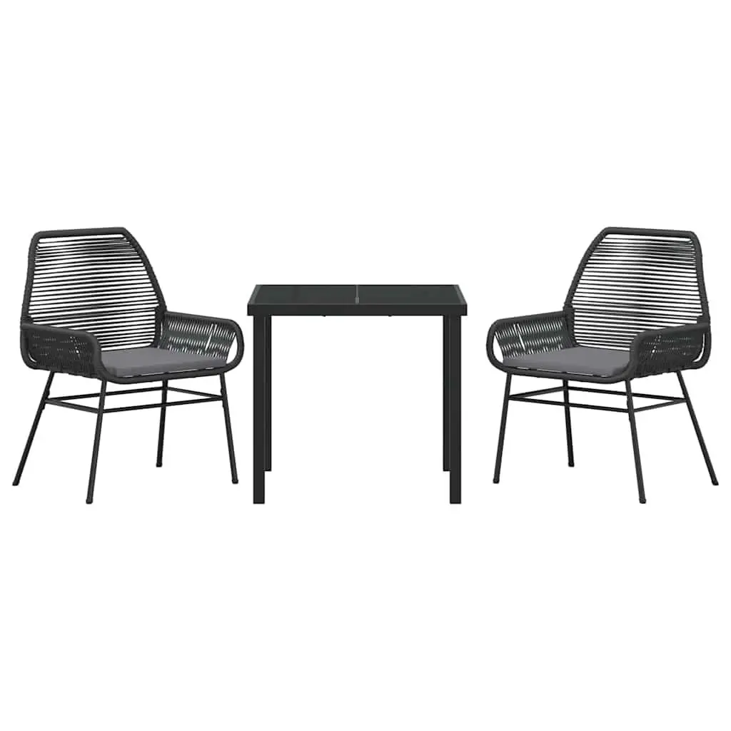 Outdoor Dining Set Poly Rattan 3 Pieces Black Tempered Glass Table Chairs