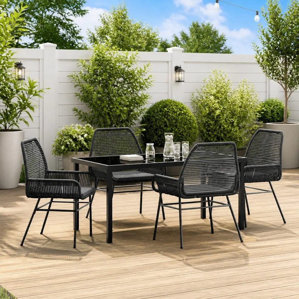 5-Piece Black Poly Rattan Dining Set