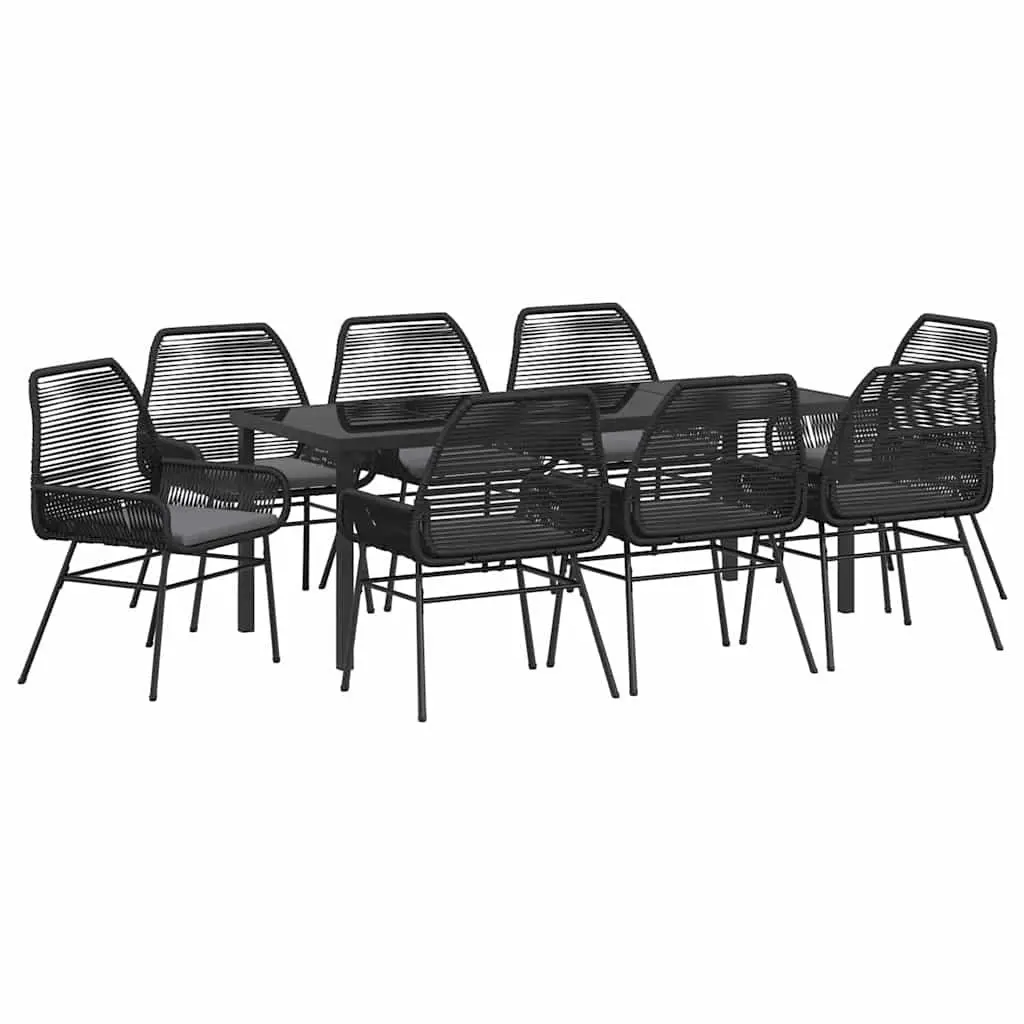 9-Piece Black Poly Rattan Outdoor Dining Set with Cushions