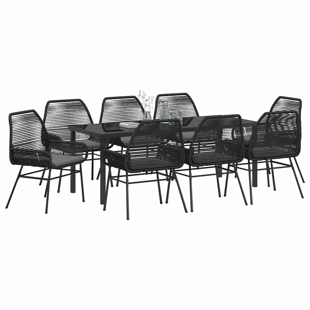 9-Piece Black Poly Rattan Outdoor Dining Set with Cushions