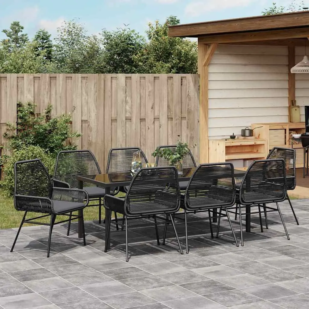 9-Piece Black Poly Rattan Outdoor Dining Set with Cushions