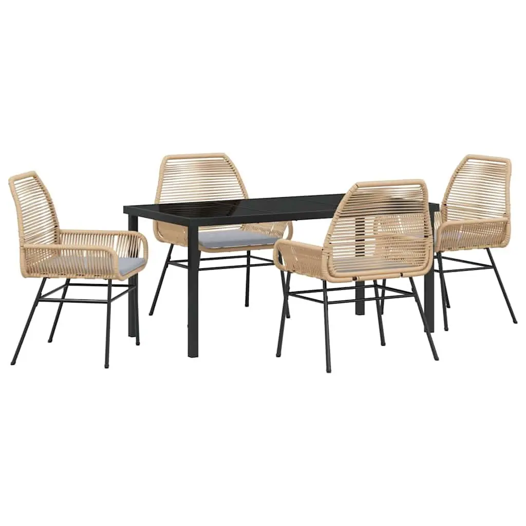 5-Piece Outdoor Garden Dining Set Brown Poly Rattan Table Chairs with Cushions