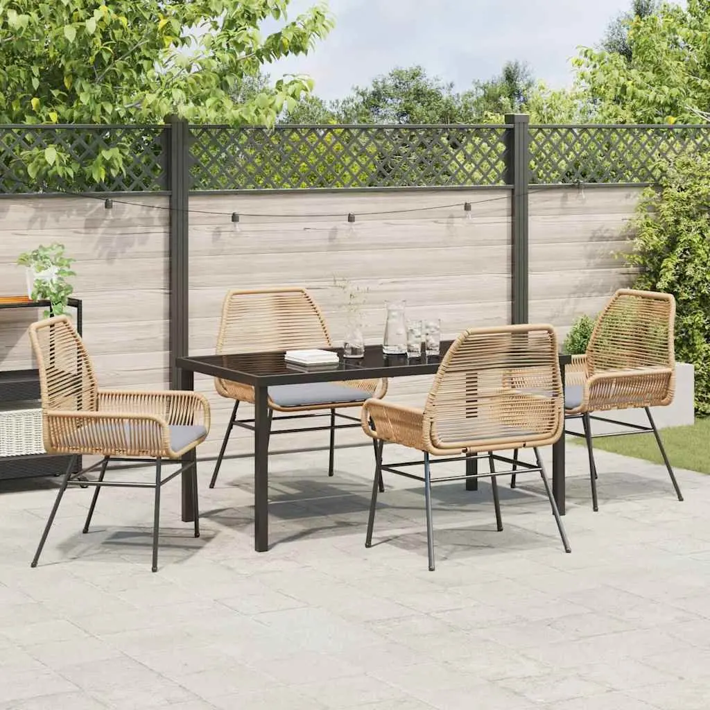 5-Piece Outdoor Garden Dining Set Brown Poly Rattan Table Chairs with Cushions