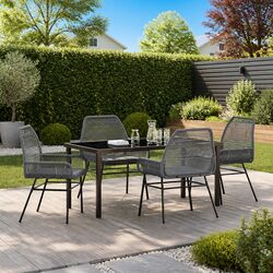 5-Piece Grey Poly Rattan Garden Dining Set with Cushions