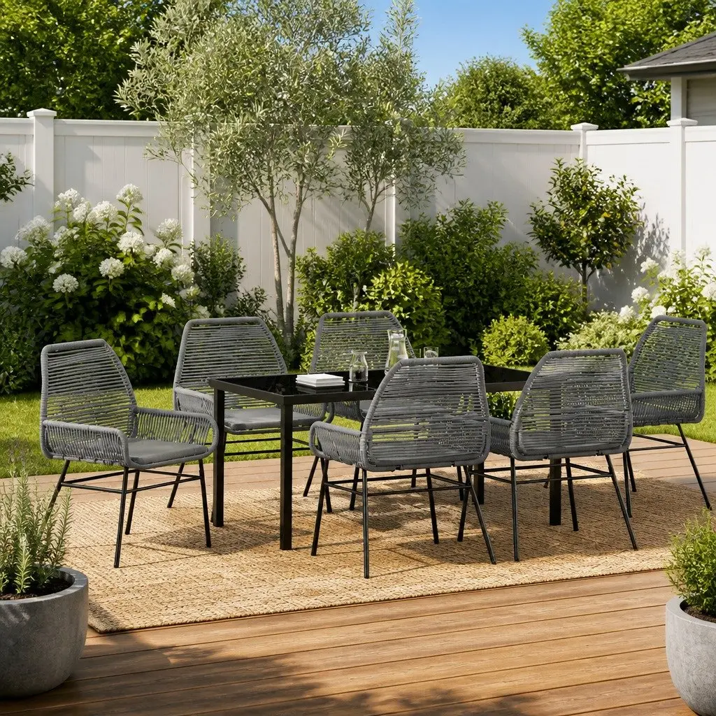 7 Piece Grey Poly Rattan Garden Dining Set