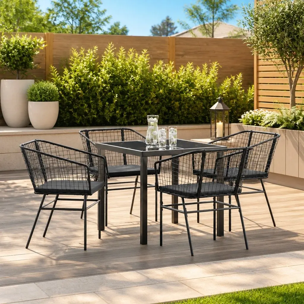Outdoor Dining Set Poly Rattan 5 Piece Black Garden Furniture Table Chairs