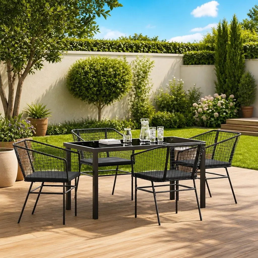 Black 5-Piece Garden Dining Set with Glass Top