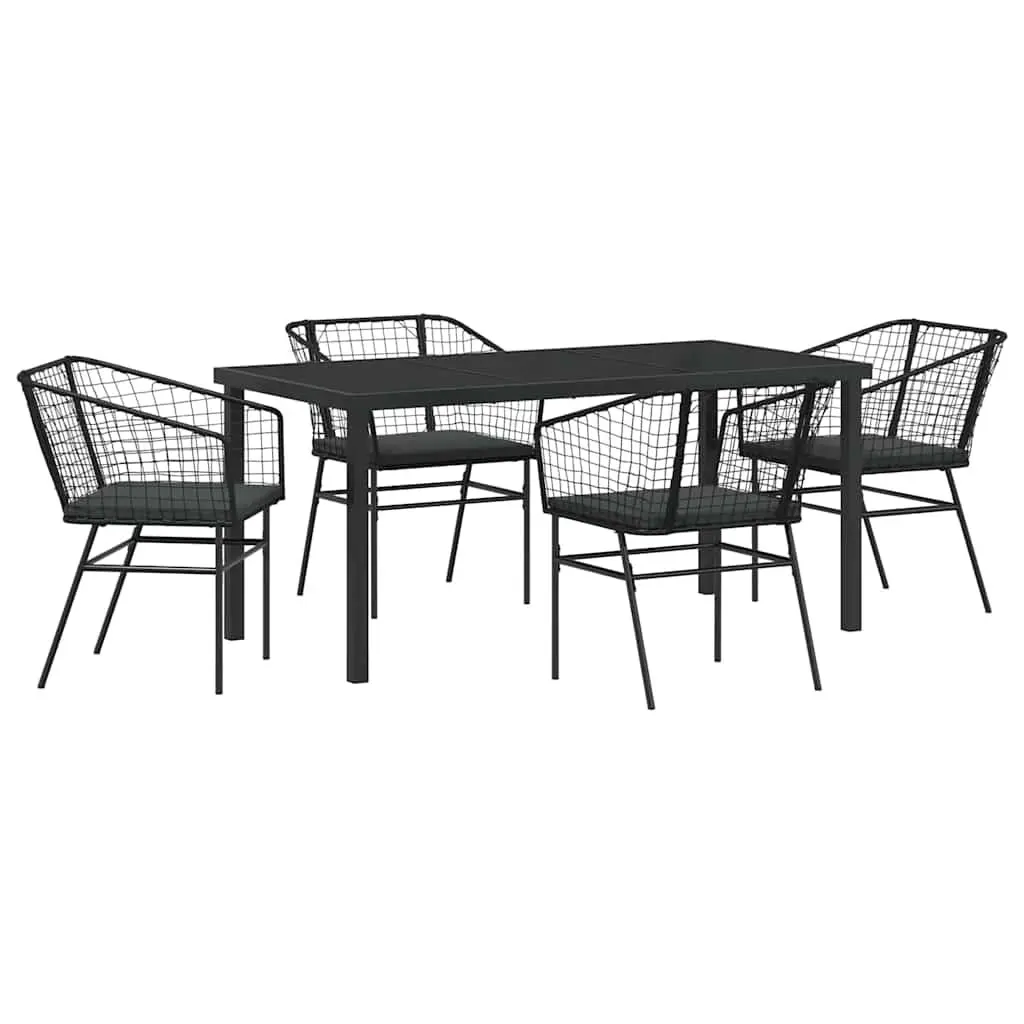 Outdoor Dining Set Poly Rattan Glass Tabletop Black 5 Piece