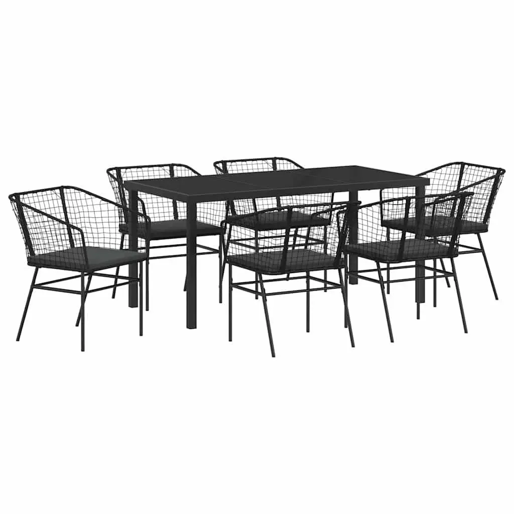 Outdoor Dining Set Poly Rattan Glass Table 7 Pieces Black