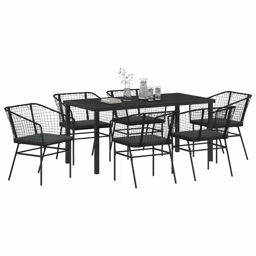 Outdoor Dining Set Poly Rattan Glass Table 7 Pieces Black