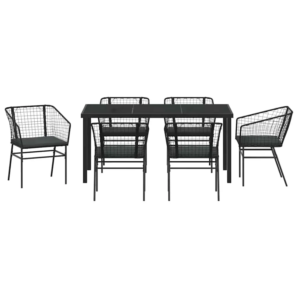 Outdoor Dining Set Poly Rattan Glass Table 7 Pieces Black