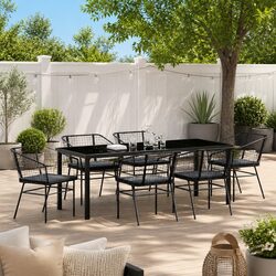 7-Piece Black Poly Rattan Patio Dining Set with Glass Top