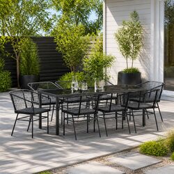 9-Piece Black Poly Rattan Outdoor Dining Set with Glass Top