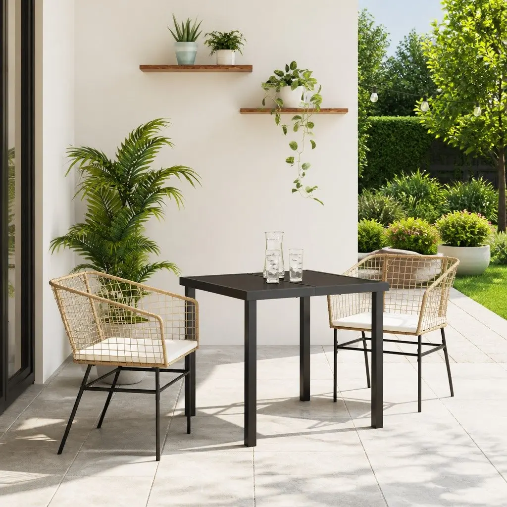 3-Piece Brown Poly Rattan Garden Dining Set