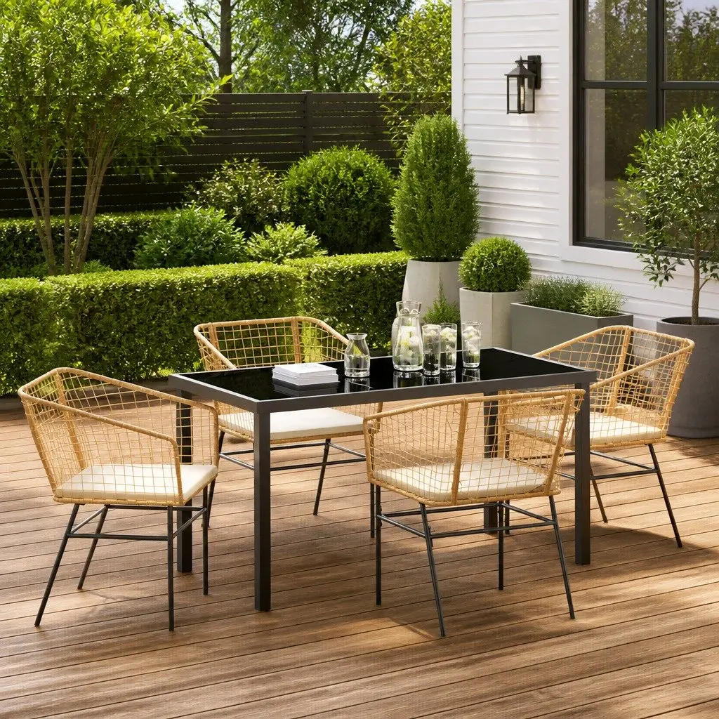 5-Piece Brown Garden Dining Set with Glass Top Table