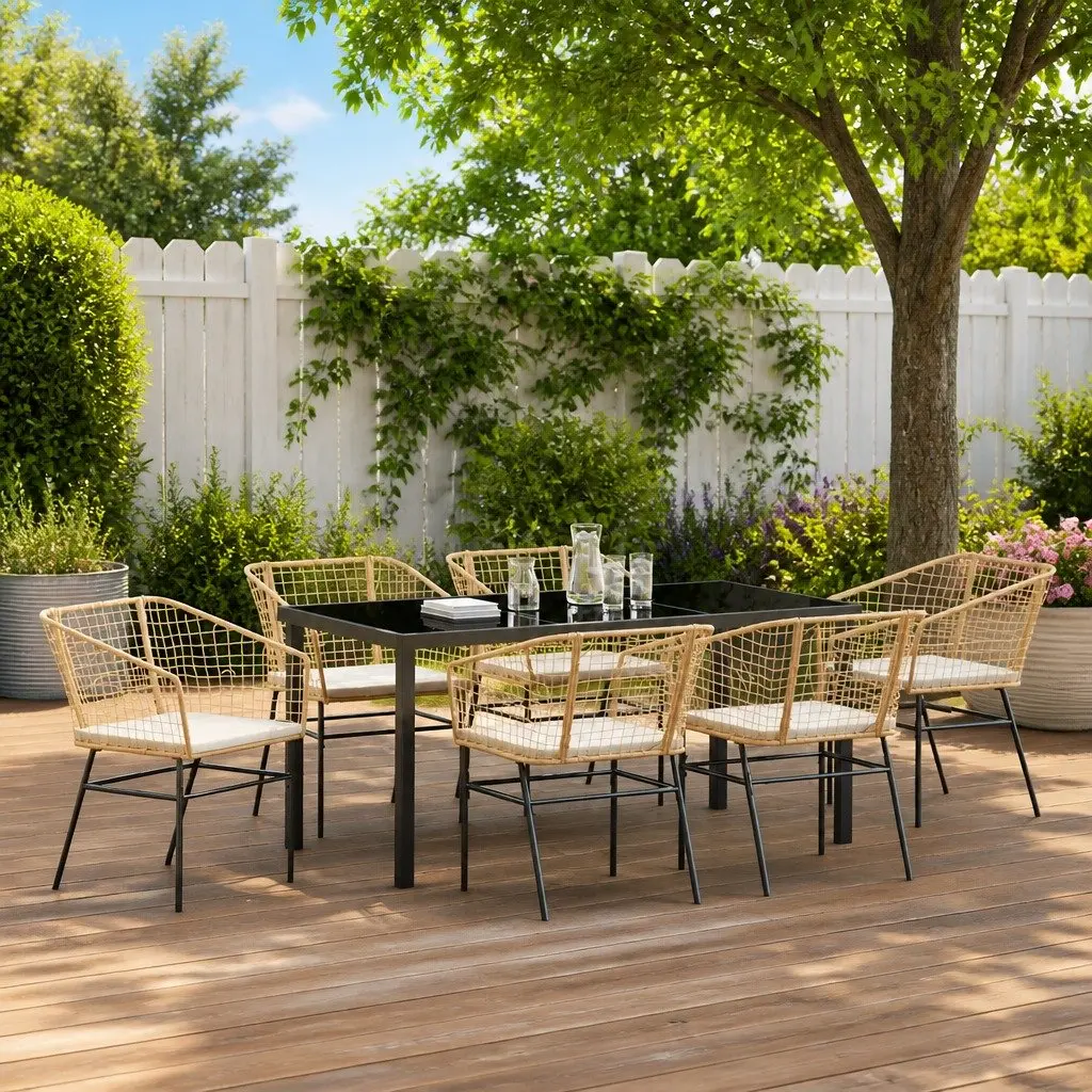 Brown Garden Dining Set for 7 with Glass Table