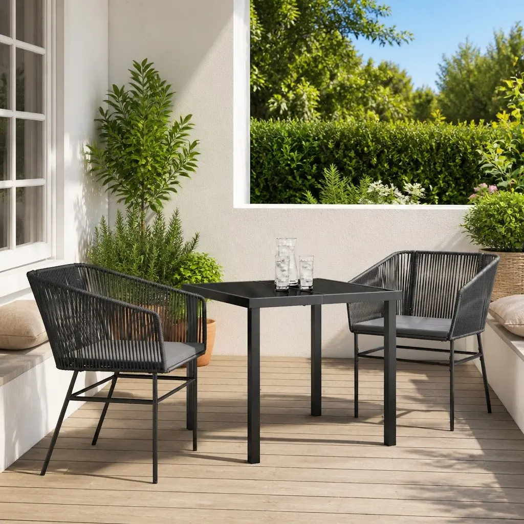 Garden Dining Set Powder-coated Steel Tempered Glass 3 Pieces Black