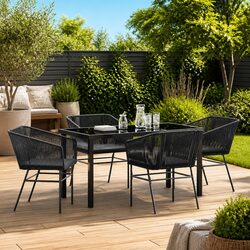 Black Steel Frame Garden Dining Set with Tempered Glass