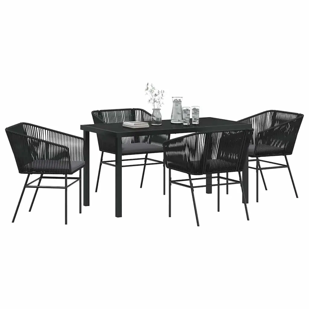 Garden Dining Set Black Powder-coated Steel Frame Rectangular Tempered Glass 5 Piece