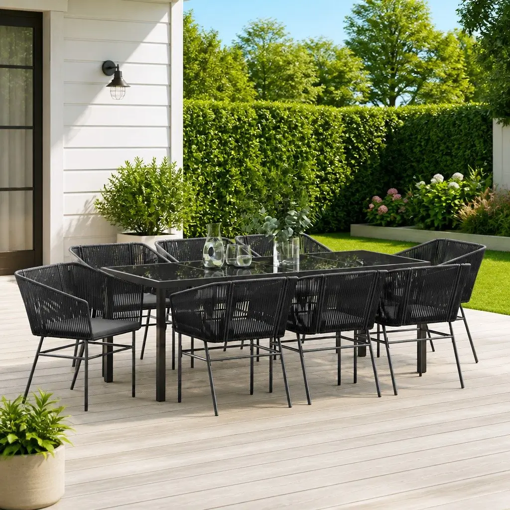 9-Piece Garden Dining Set with Tempered Glass